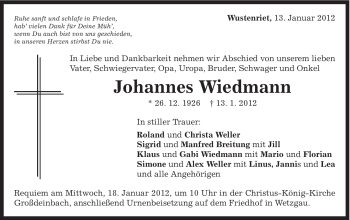 Traueranzeige von Johannes Wiedmann von Gmünder Tagespost