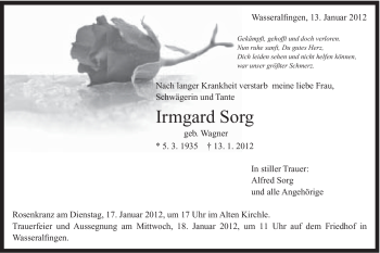 Traueranzeige von Irmgard Sorg von Schwäbische Post