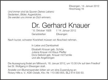 Traueranzeige von Gerhard Knauer von Schwäbische Post