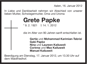 Traueranzeige von Grete Papke von Schwäbische Post