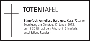 Traueranzeige von Anneliese Hald von Schwäbische Post