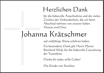 Traueranzeige von Johanna Krätschmer von Gmünder Tagespost