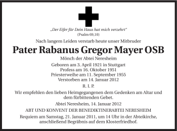 Traueranzeige von Rabanus Georg Mayer von Schwäbische Post