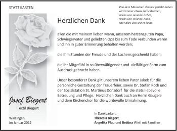 Traueranzeige von Josef Biegert von Gmünder Tagespost