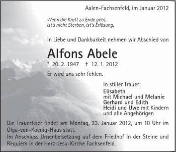 Traueranzeige von Alfons Abele von Schwäbische Post