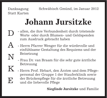 Traueranzeige von Johann Jursitzke von Gmünder Tagespost