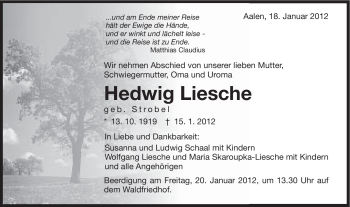 Traueranzeige von Hedwig Liesche von Schwäbische Post