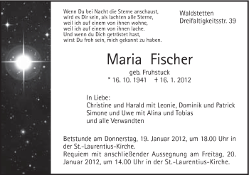 Traueranzeige von Maria Fischer von Gmünder Tagespost