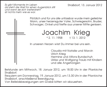 Traueranzeige von Joachim Krieg von Gmünder Tagespost