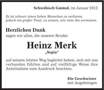 Traueranzeige von Heinz Merk von Gmünder Tagespost