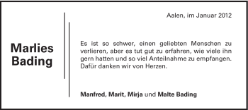 Traueranzeige von Marlies Bading von Schwäbische Post