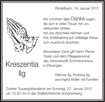 Traueranzeige von Kreszentia Ilg von Schwäbische Post
