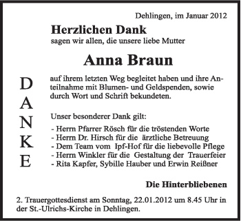 Traueranzeige von Anna Braun von Schwäbische Post
