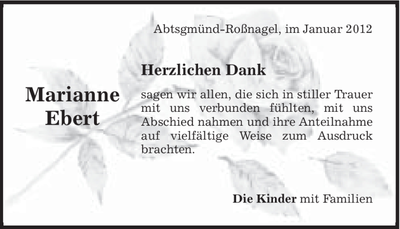  Traueranzeige für Marianne Ebert vom 18.01.2012 aus Schwäbische Post