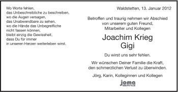 Traueranzeige von Joachim Krieg von Gmünder Tagespost