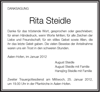 Traueranzeige von Rita Steidle von Schwäbische Post