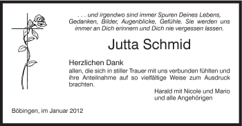 Traueranzeige von Jutta Schmid von Gmünder Tagespost