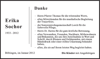 Traueranzeige von Erika Sochor von Gmünder Tagespost