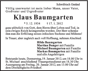 Traueranzeige von Klaus Baumgarten von Gmünder Tagespost