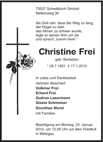 Traueranzeige von Christine Frei von Gmünder Tagespost