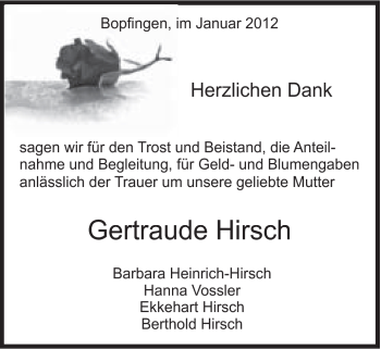 Traueranzeige von Gertraude Hirsch von Schwäbische Post