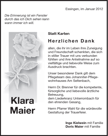Traueranzeige von Klara Maier von Schwäbische Post