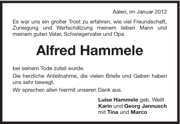 Traueranzeige von Alfred Hammele von Schwäbische Post