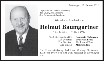 Traueranzeige von Helmut Baumgartner von Schwäbische Post
