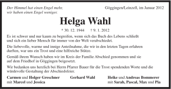 Traueranzeige von Helga Wahl von Gmünder Tagespost