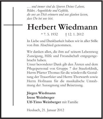 Traueranzeige von Herbert Wiedmann von Gmünder Tagespost