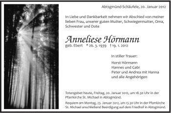Traueranzeige von Anneliese Hörmann von Schwäbische Post