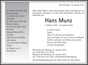 Traueranzeige von Munz Hans von Gmünder Tagespost