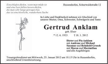 Traueranzeige von Gertrud Anklam von Gmünder Tagespost