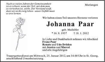 Traueranzeige von Johanna Paar von Gmünder Tagespost