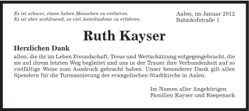 Traueranzeige von Ruth Kayser von Schwäbische Post
