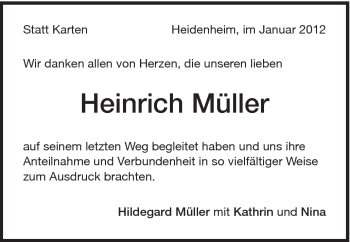 Traueranzeige von Heinrich Müller von Schwäbische Post