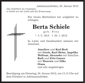 Traueranzeige von Berta Schiele von Schwäbische Post
