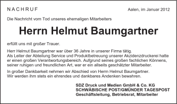 Traueranzeige von Helmut Baumgartner von Schwäbische Post