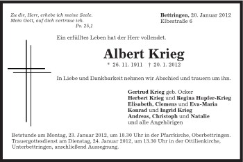 Traueranzeige von Albert Krieg von Gmünder Tagespost
