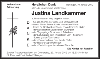 Traueranzeige von Justina Landkammer von Schwäbische Post