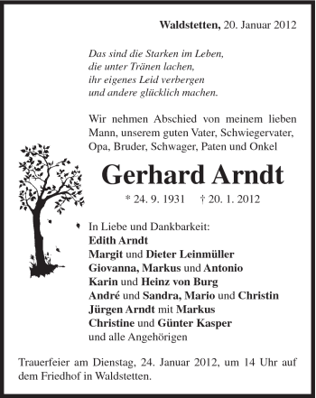 Traueranzeige von Gerhard Arndt von Gmünder Tagespost
