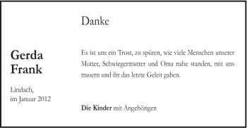 Traueranzeige von Gerda Frank von Gmünder Tagespost