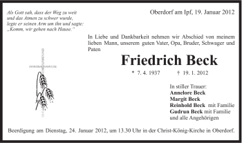 Traueranzeige von Friedrich Beck von Schwäbische Post