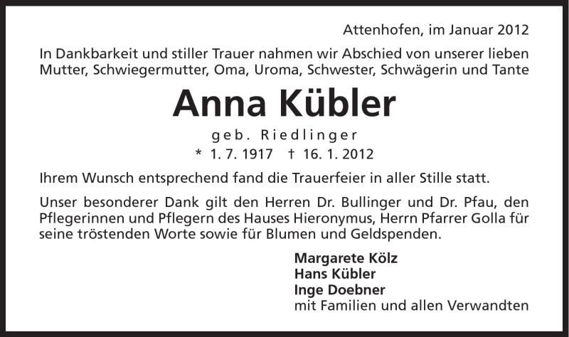  Traueranzeige für Anna Kübler vom 23.01.2012 aus Schwäbische Post