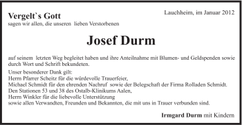 Traueranzeige von Josef Durm von Schwäbische Post