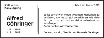 Traueranzeige von Alfred Göhringer von Schwäbische Post