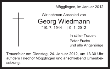 Traueranzeige von Georg Wiedmann von Gmünder Tagespost