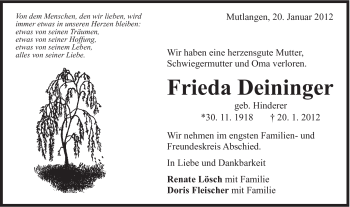 Traueranzeige von Frieda Deininger von Gmünder Tagespost