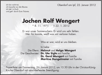 Traueranzeige von Jochen Rolf Wengert von Schwäbische Post