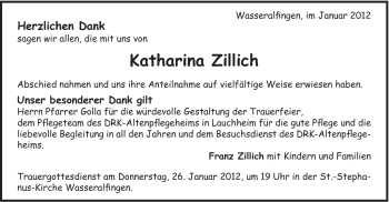 Traueranzeige von Katharina Zillivh von Schwäbische Post